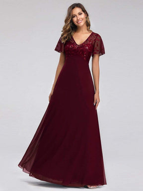 Color=Burgundy | Short Sleeve Paillette Evening Dress-Burgundy 1