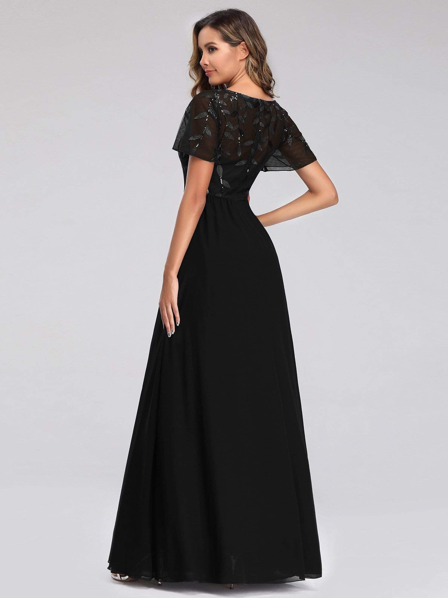 Color=Black | Short Sleeve Paillette Evening Dress-Black 2