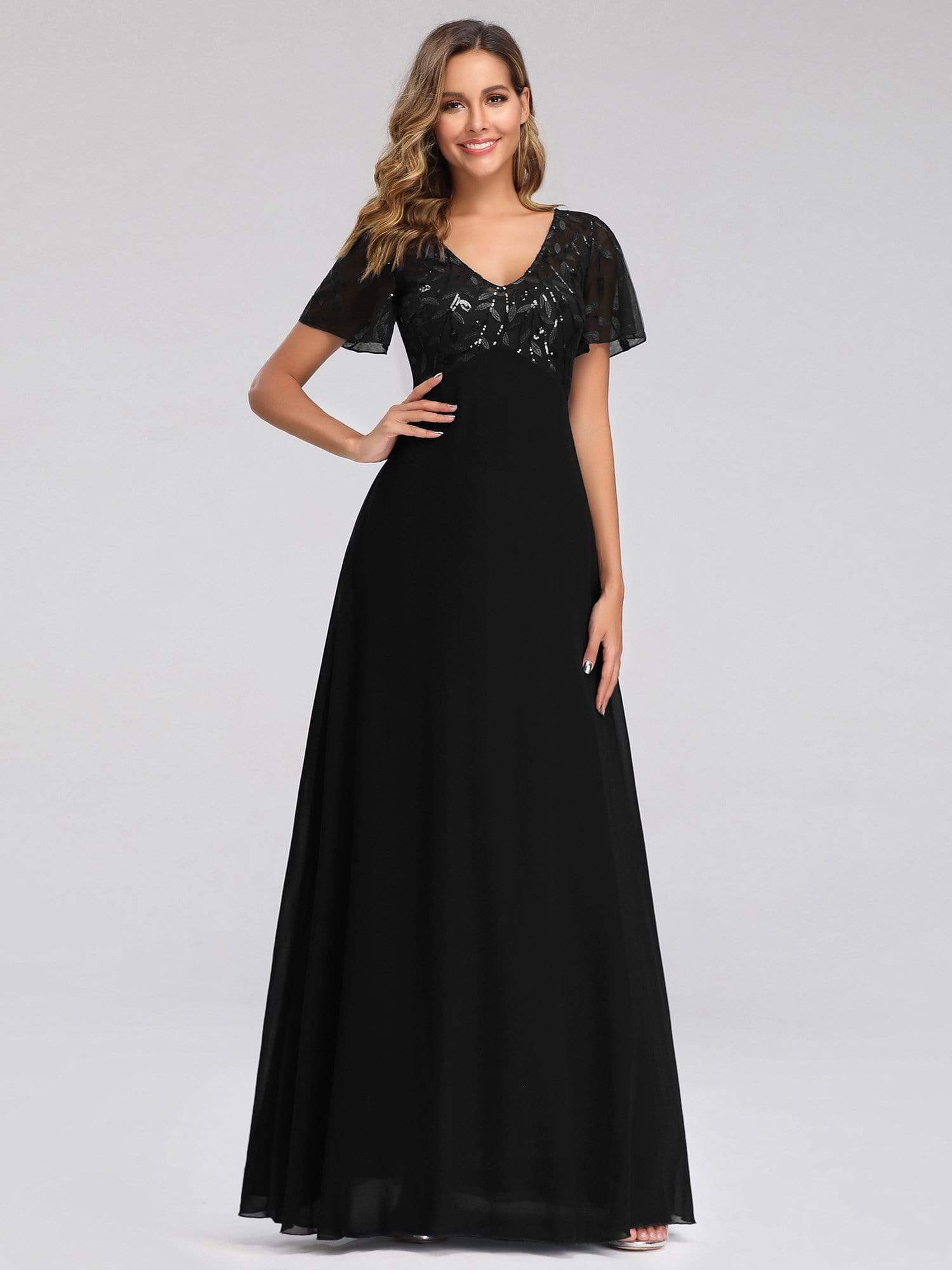 Color=Black | Short Sleeve Paillette Evening Dress-Black 3