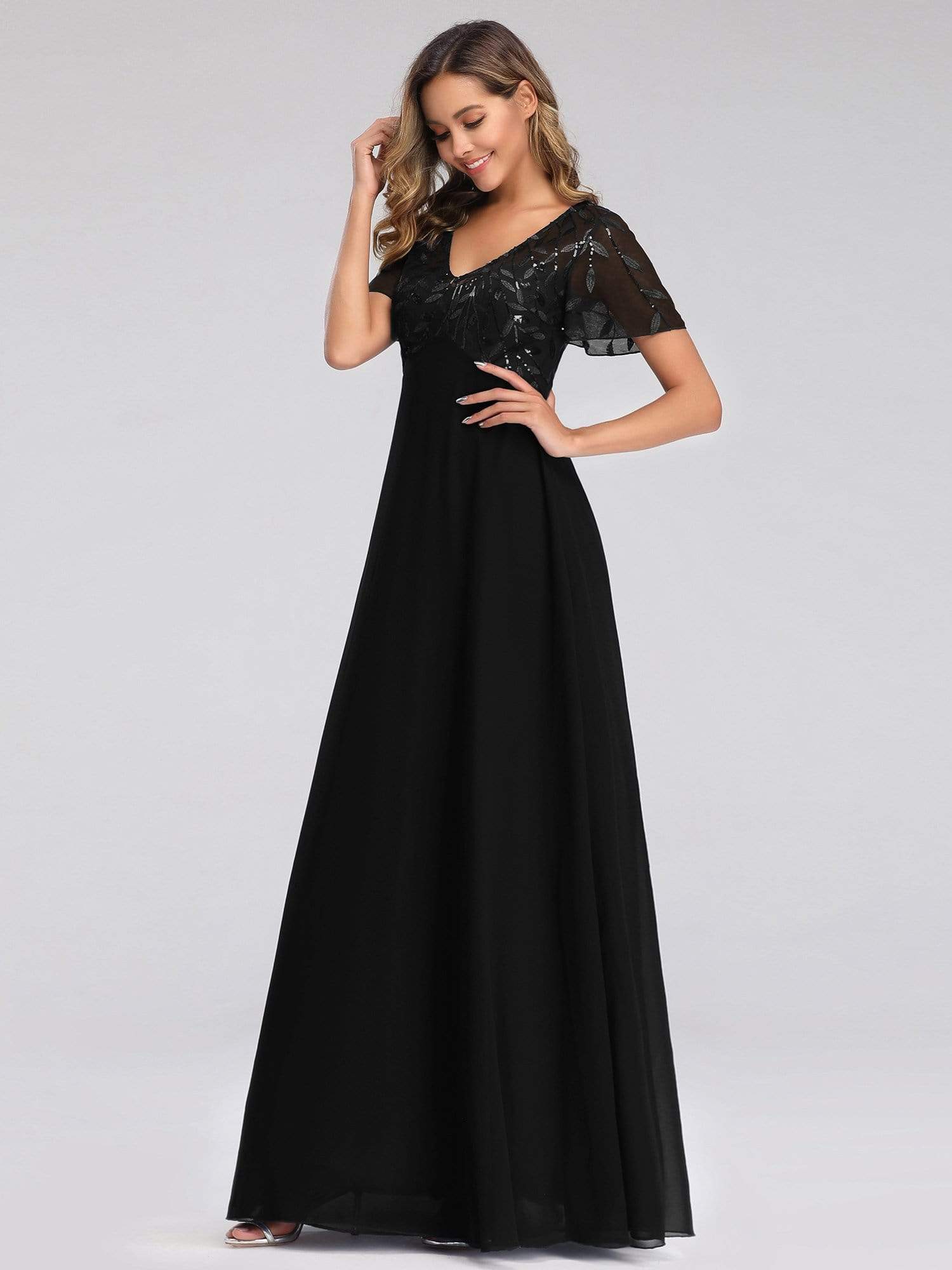 Color=Black | Short Sleeve Paillette Evening Dress-Black 4