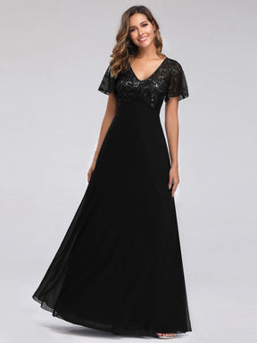 Color=Black | Short Sleeve Paillette Evening Dress-Black 1