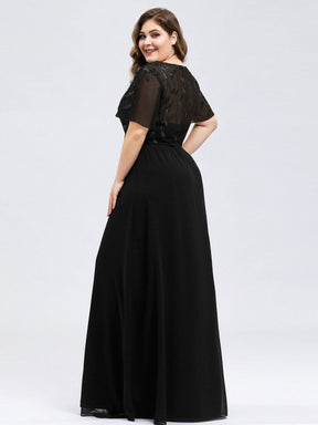 Color=Black | Plus Size Floral Lace Sequin Print Evening Dresses With Cap Sleeve-Black 2