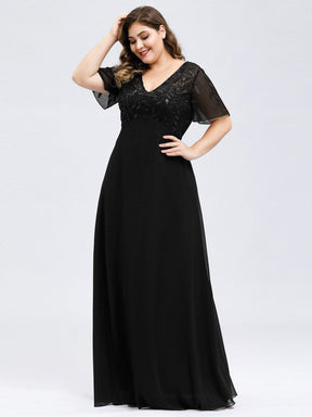 Color=Black | Plus Size Floral Lace Sequin Print Evening Dresses With Cap Sleeve-Black 3