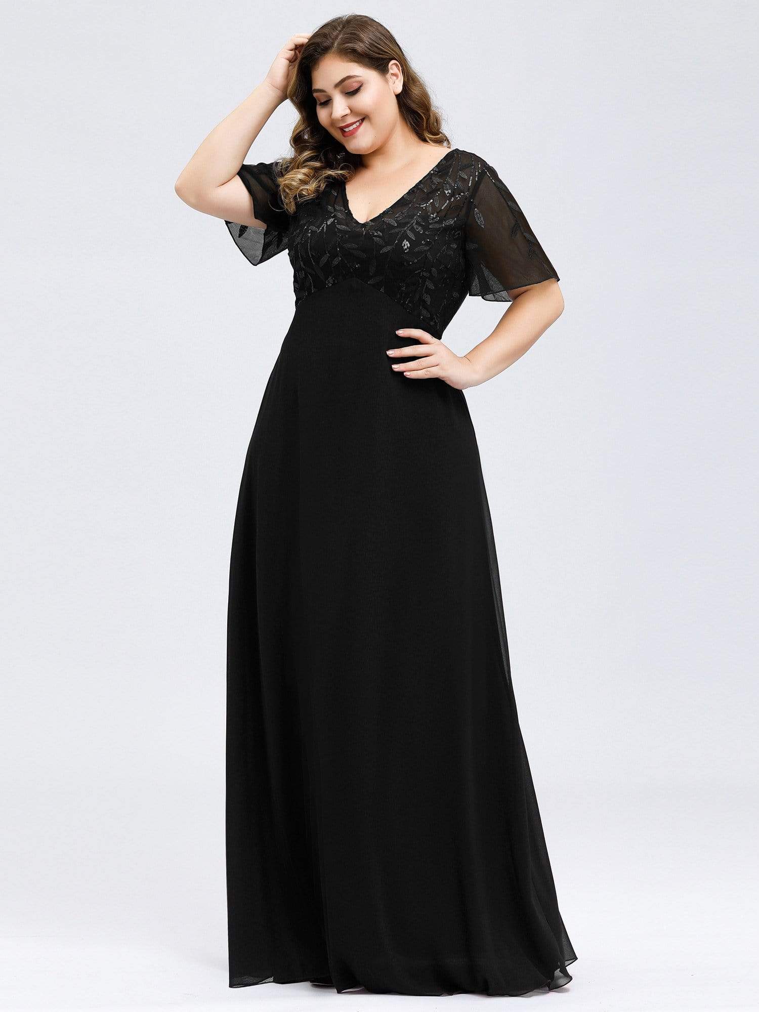 Color=Black | Short Sleeve Paillette Evening Dress-Black 8