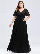 Color=Black | Plus Size Floral Lace Sequin Print Evening Dresses With Cap Sleeve-Black 1