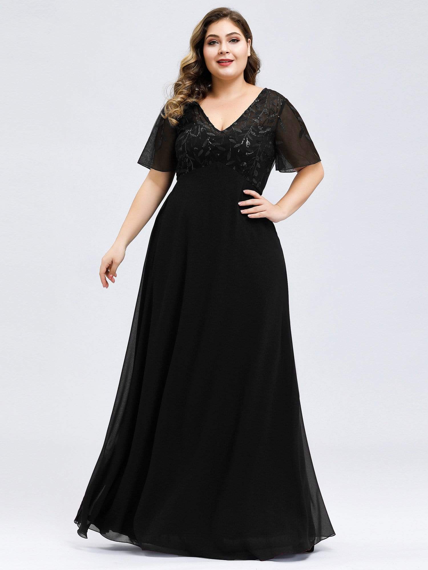 Color=Black | Short Sleeve Paillette Evening Dress-Black 6