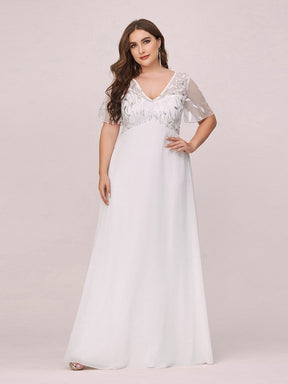Color=Cream | Plus Size Floral Lace Sequin Print Evening Dresses With Cap Sleeve-Cream 1