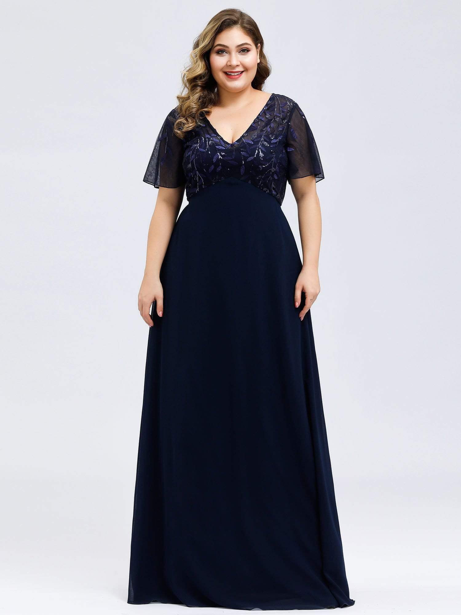 Color=Navy Blue | Plus Size Floral Lace Sequin Print Evening Dresses With Cap Sleeve-Navy Blue 4