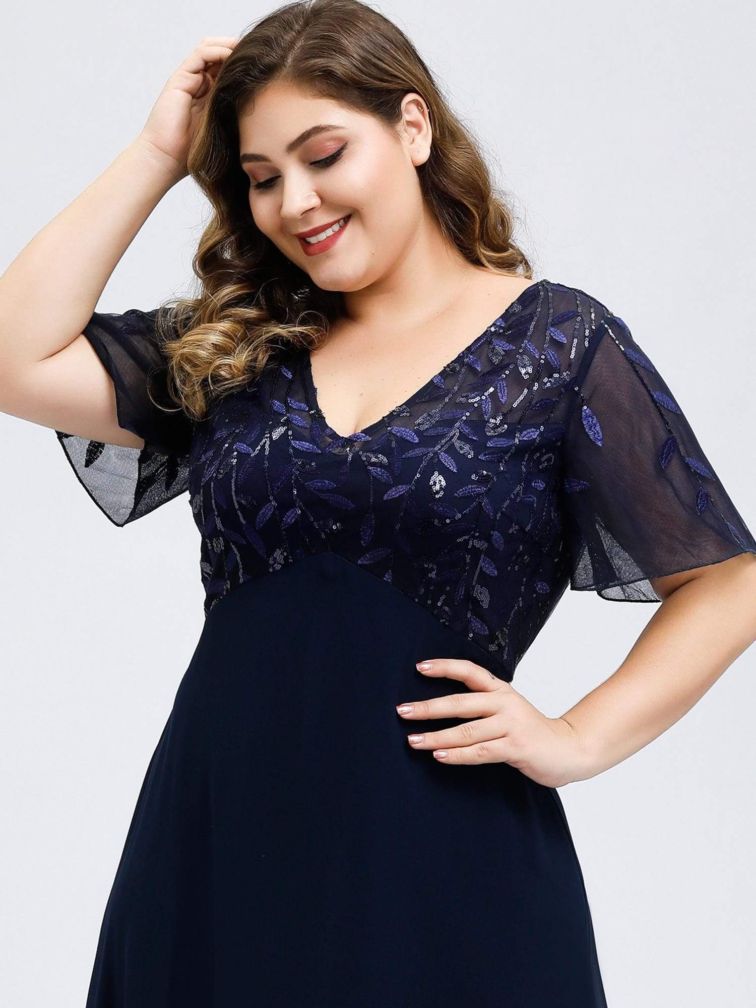 Color=Navy Blue | Plus Size Floral Lace Sequin Print Evening Dresses With Cap Sleeve-Navy Blue 5