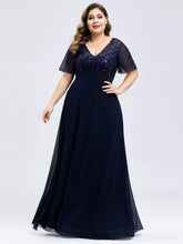 Color=Navy Blue | Plus Size Floral Lace Sequin Print Evening Dresses With Cap Sleeve-Navy Blue 1