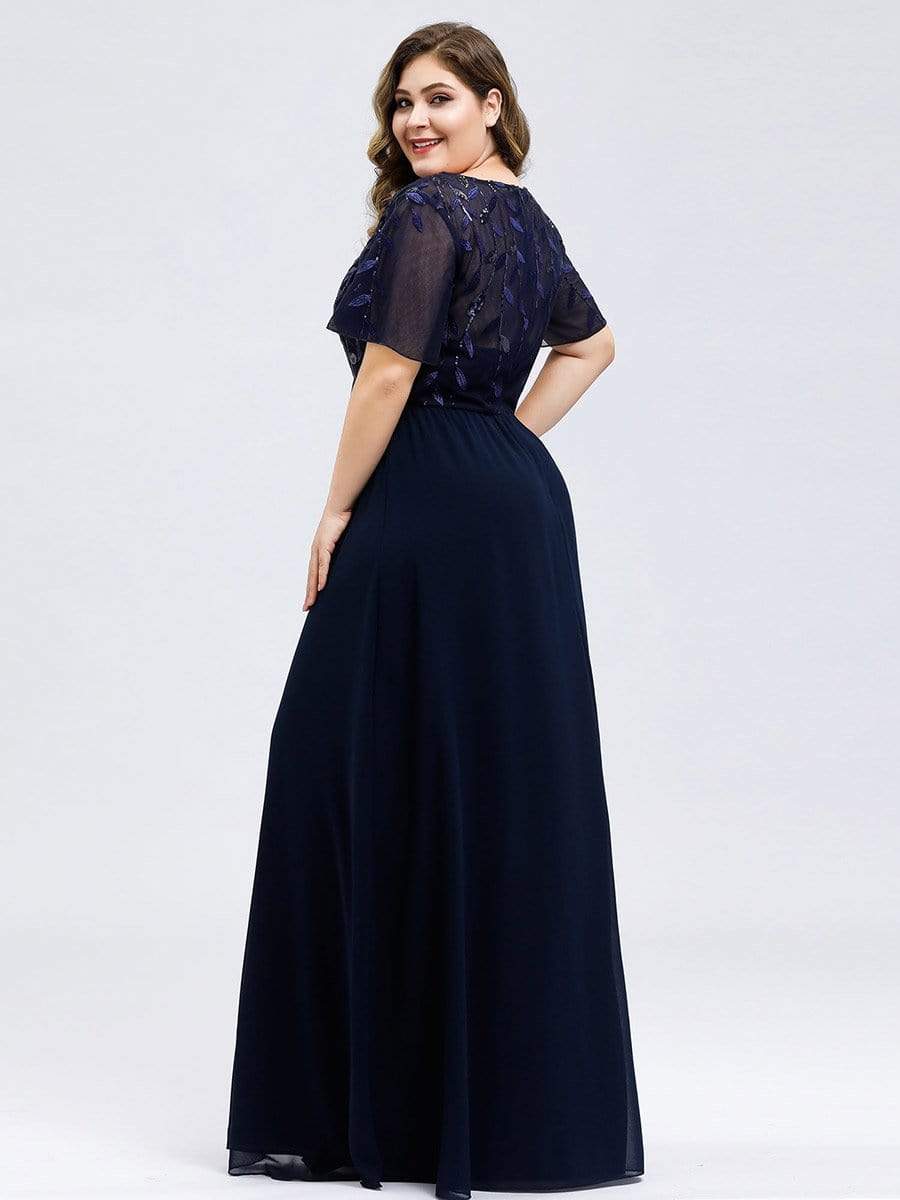 Color=Navy Blue | Short Sleeve Paillette Evening Dress-Navy Blue 7