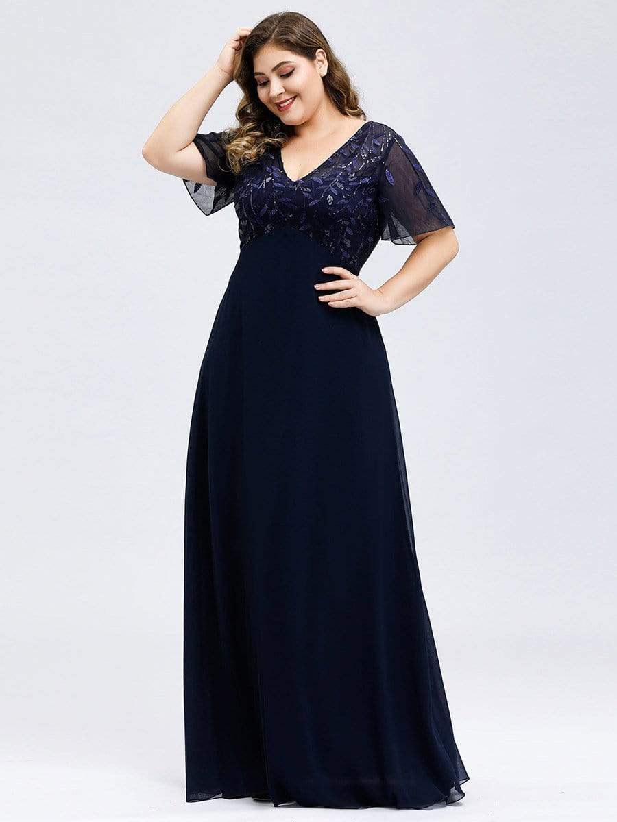 Color=Navy Blue | Short Sleeve Paillette Evening Dress-Navy Blue 8