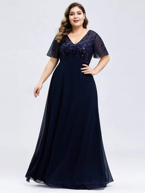 Color=Navy Blue | Short Sleeve Paillette Evening Dress-Navy Blue 6