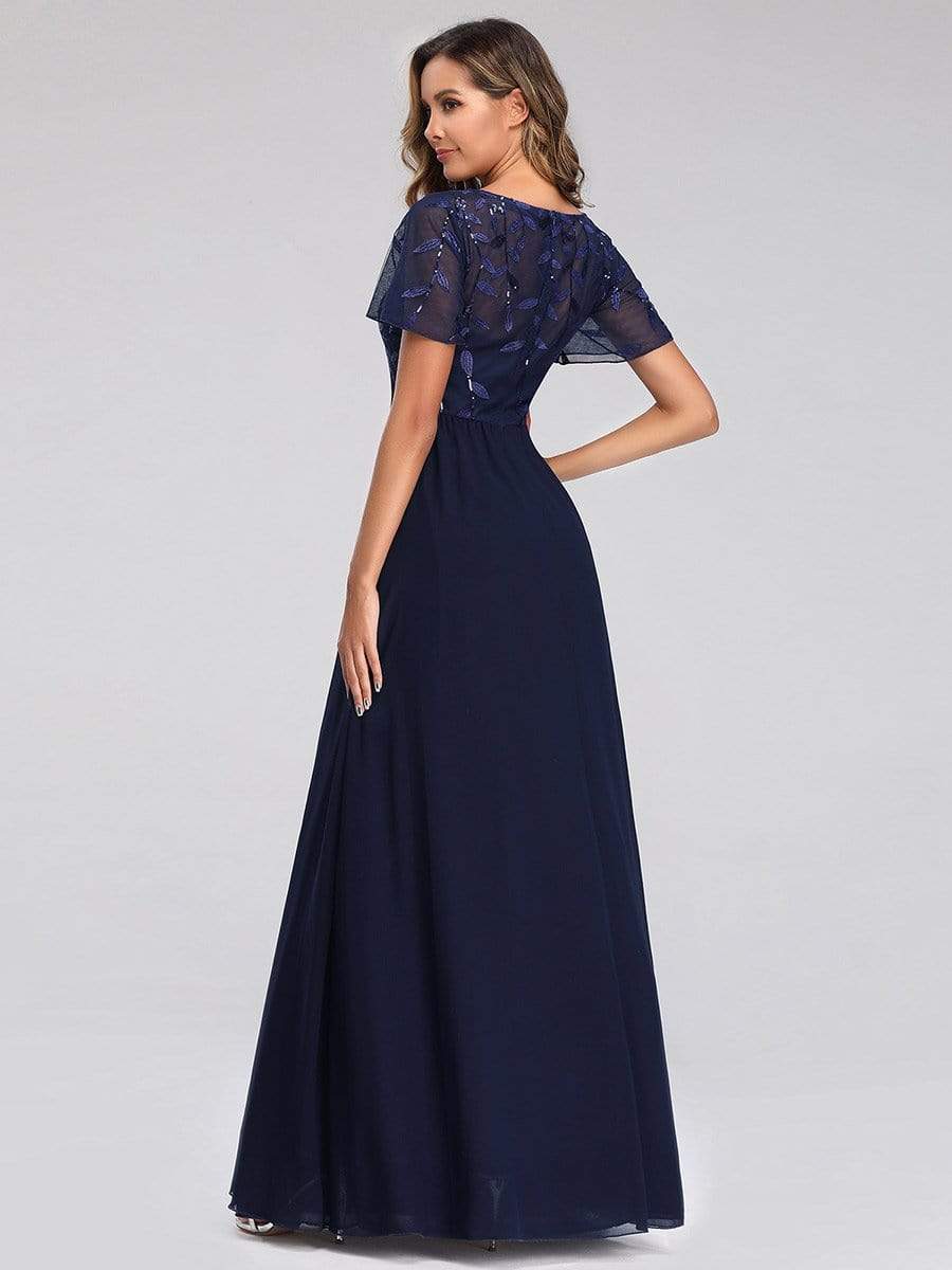 Color=Navy Blue | Short Sleeve Paillette Evening Dress-Navy Blue 2
