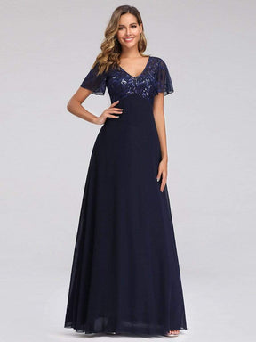 Color=Navy Blue | Short Sleeve Paillette Evening Dress-Navy Blue 3