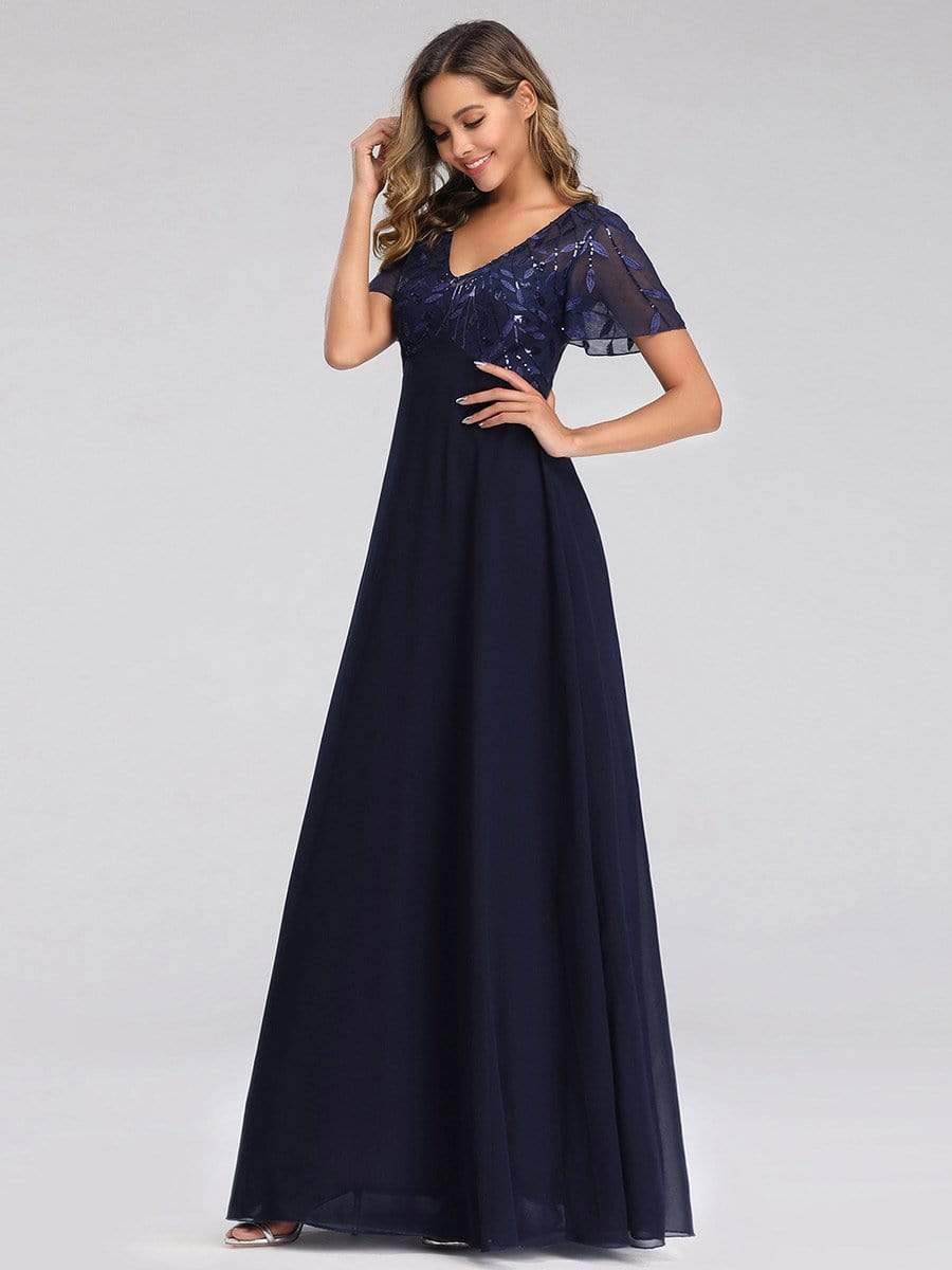 Color=Navy Blue | Short Sleeve Paillette Evening Dress-Navy Blue 4