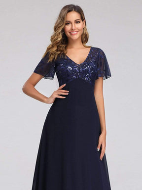 Color=Navy Blue | Short Sleeve Paillette Evening Dress-Navy Blue 5