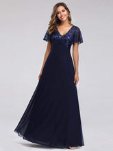 Color=Navy Blue | Short Sleeve Paillette Evening Dress-Navy Blue 1