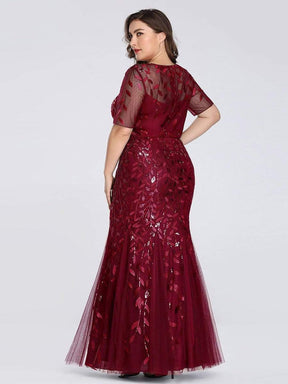 COLOR=Burgundy | Floral Sequin Print Maxi Long Plus Size Mermaid Tulle Dresses-Burgundy 4