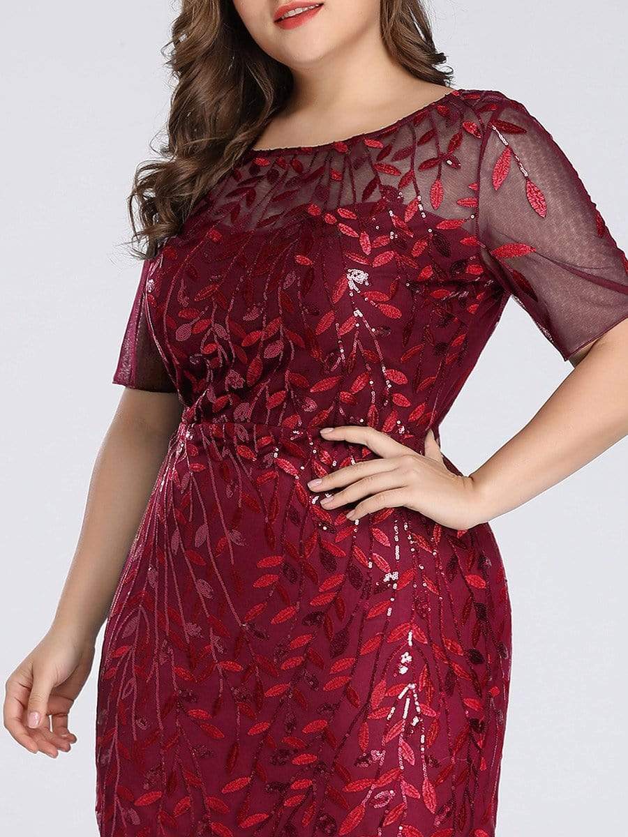 COLOR=Burgundy | Floral Sequin Print Maxi Long Plus Size Mermaid Tulle Dresses-Burgundy 5