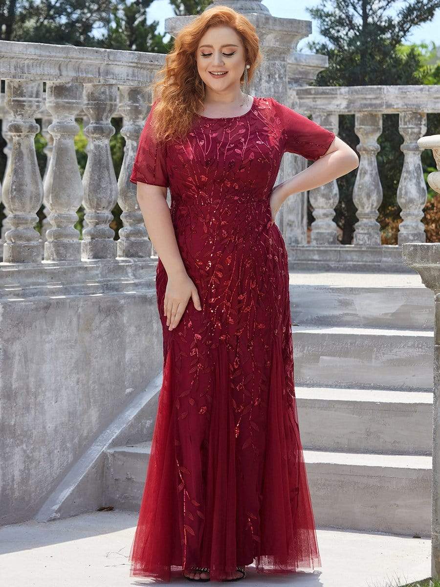 COLOR=Burgundy | Floral Sequin Print Maxi Long Plus Size Mermaid Tulle Dresses-Burgundy 1