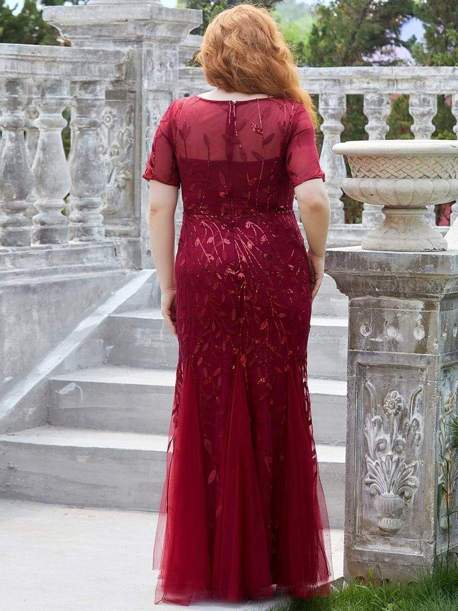 COLOR=Burgundy | Floral Sequin Print Maxi Long Plus Size Mermaid Tulle Dresses-Burgundy 2