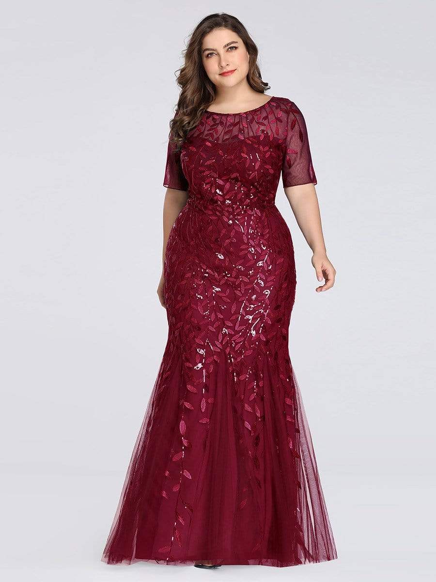 COLOR=Burgundy | Floral Sequin Print Maxi Long Plus Size Mermaid Tulle Dresses-Burgundy 3