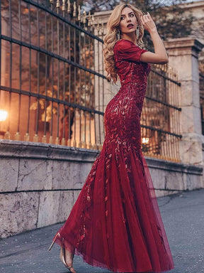 COLOR=Burgundy | Floral Sequin Print Maxi Long Fishtail Tulle Dresses With Half Sleeve-Burgundy 2