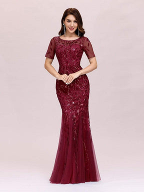 COLOR=Burgundy | Floral Sequin Print Maxi Long Fishtail Tulle Dresses With Half Sleeve-Burgundy 5