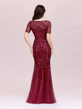 COLOR=Burgundy | Floral Sequin Print Maxi Long Fishtail Tulle Dresses With Half Sleeve-Burgundy 6