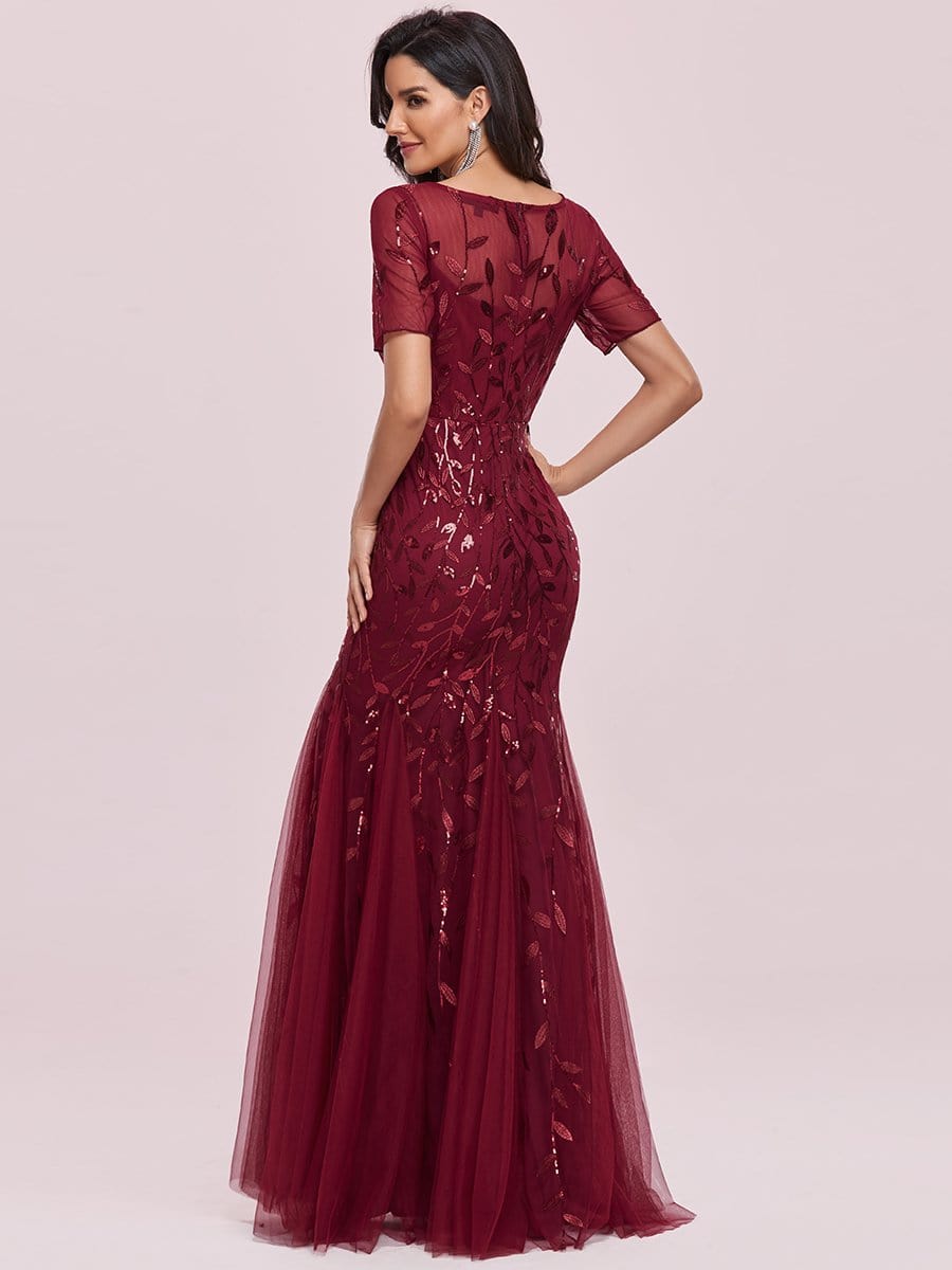 COLOR=Burgundy | Floral Sequin Print Maxi Long Fishtail Tulle Dresses With Half Sleeve-Burgundy 4