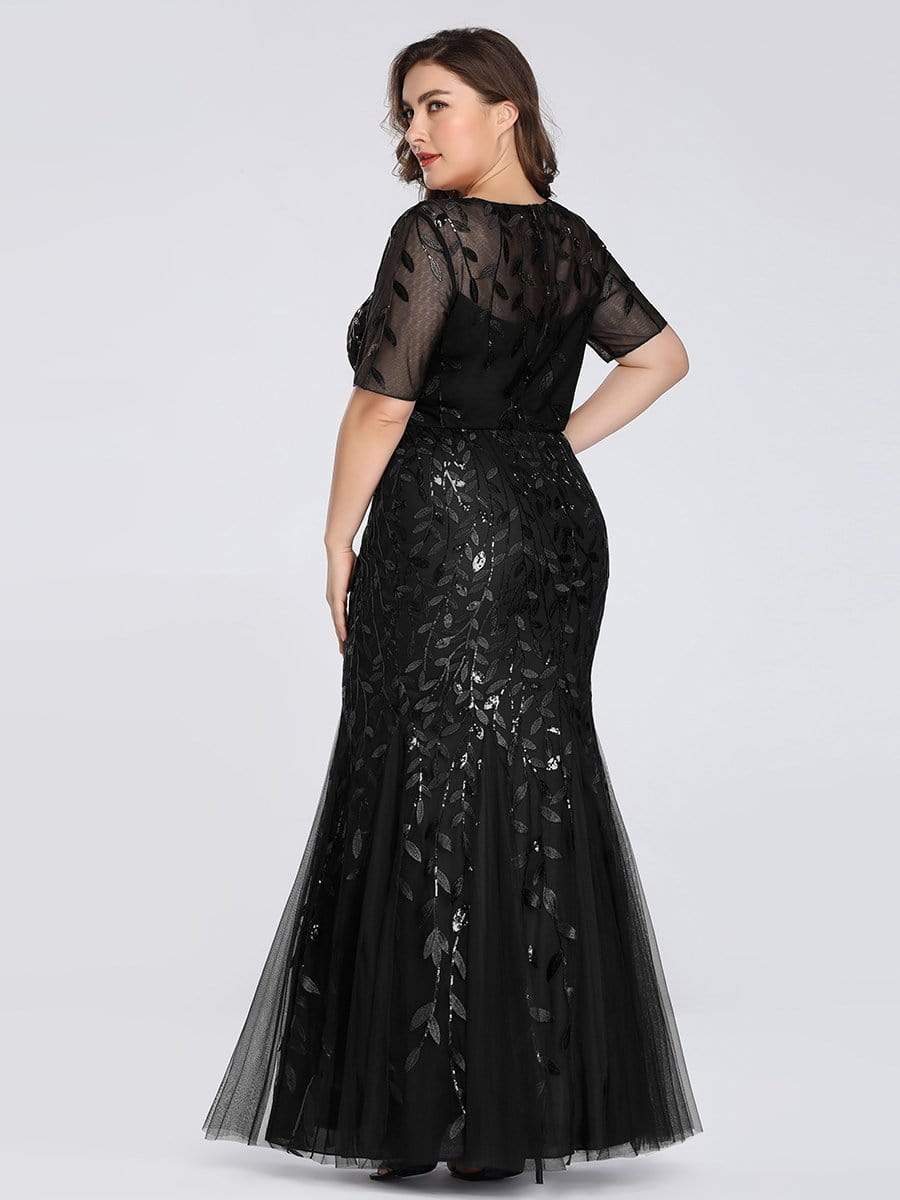 COLOR=Black | Floral Sequin Print Maxi Long Plus Size Mermaid Tulle Dresses-Black 4