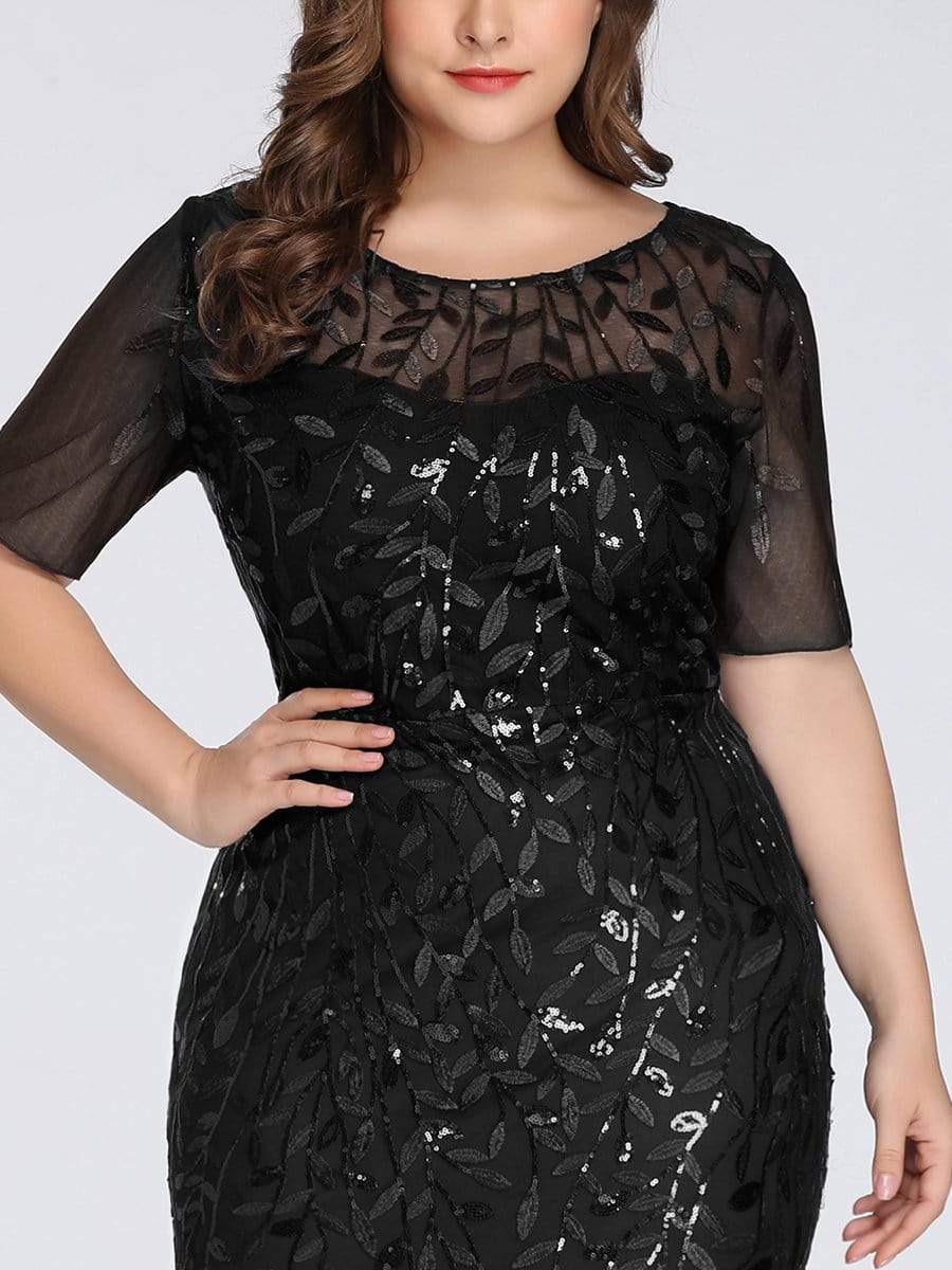 COLOR=Black | Floral Sequin Print Maxi Long Plus Size Mermaid Tulle Dresses-Black 5