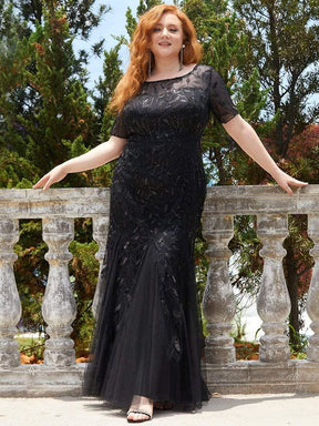 COLOR=Black | Floral Sequin Print Maxi Long Plus Size Mermaid Tulle Dresses-Black 1