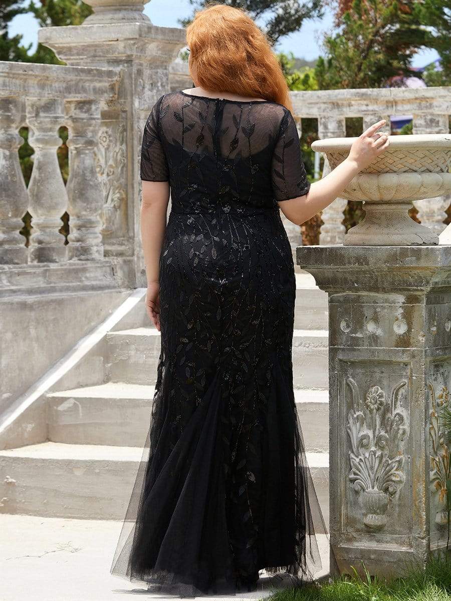 COLOR=Black | Floral Sequin Print Maxi Long Plus Size Mermaid Tulle Dresses-Black 2