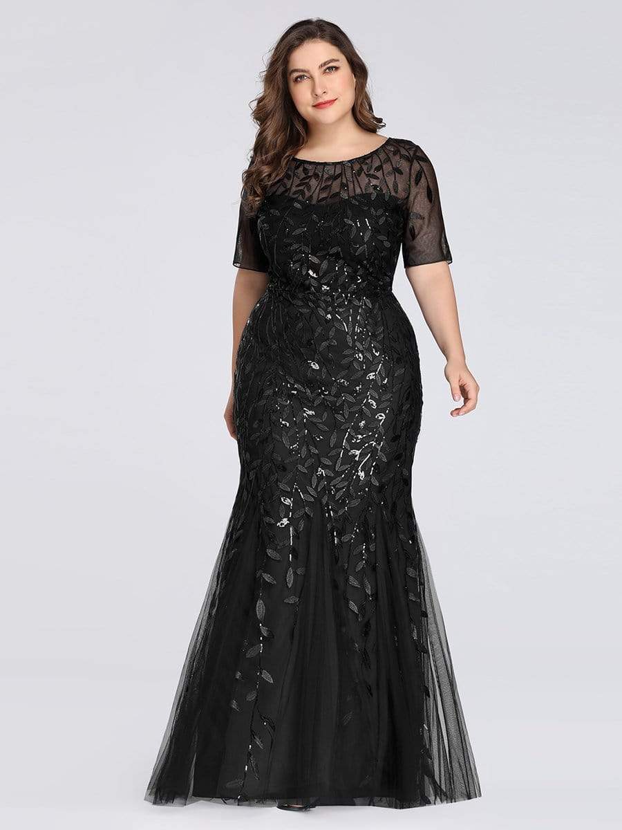 COLOR=Black | Floral Sequin Print Maxi Long Plus Size Mermaid Tulle Dresses-Black 3
