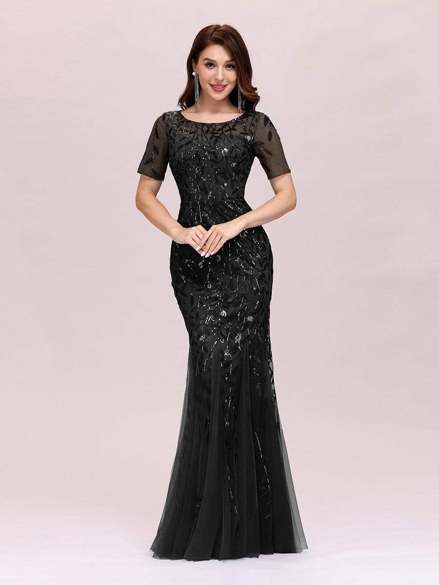 COLOR=Black | Floral Sequin Print Maxi Long Fishtail Tulle Dresses With Half Sleeve-Black 1