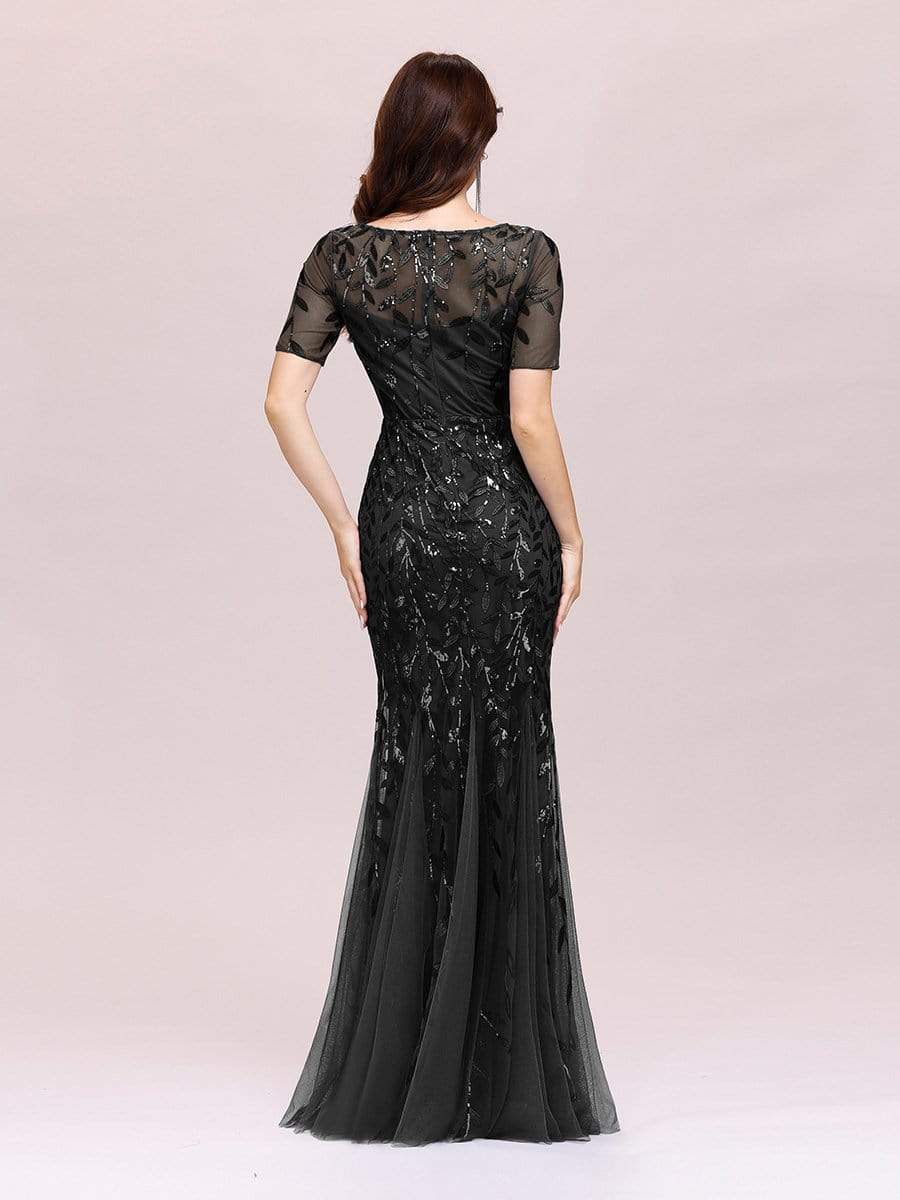 COLOR=Black | Floral Sequin Print Maxi Long Fishtail Tulle Dresses With Half Sleeve-Black 2