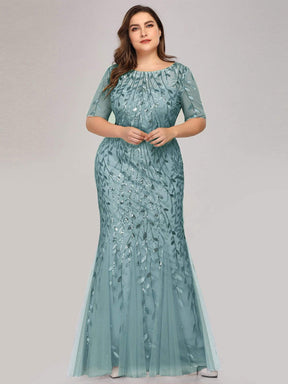 COLOR=Dusty Blue | Floral Sequin Print Maxi Long Plus Size Mermaid Tulle Dresses-Dusty Blue 3
