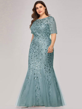 COLOR=Dusty Blue | Floral Sequin Print Maxi Long Plus Size Mermaid Tulle Dresses-Dusty Blue 4
