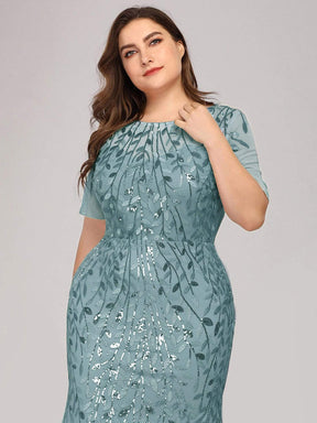 COLOR=Dusty Blue | Floral Sequin Print Maxi Long Plus Size Mermaid Tulle Dresses-Dusty Blue 5