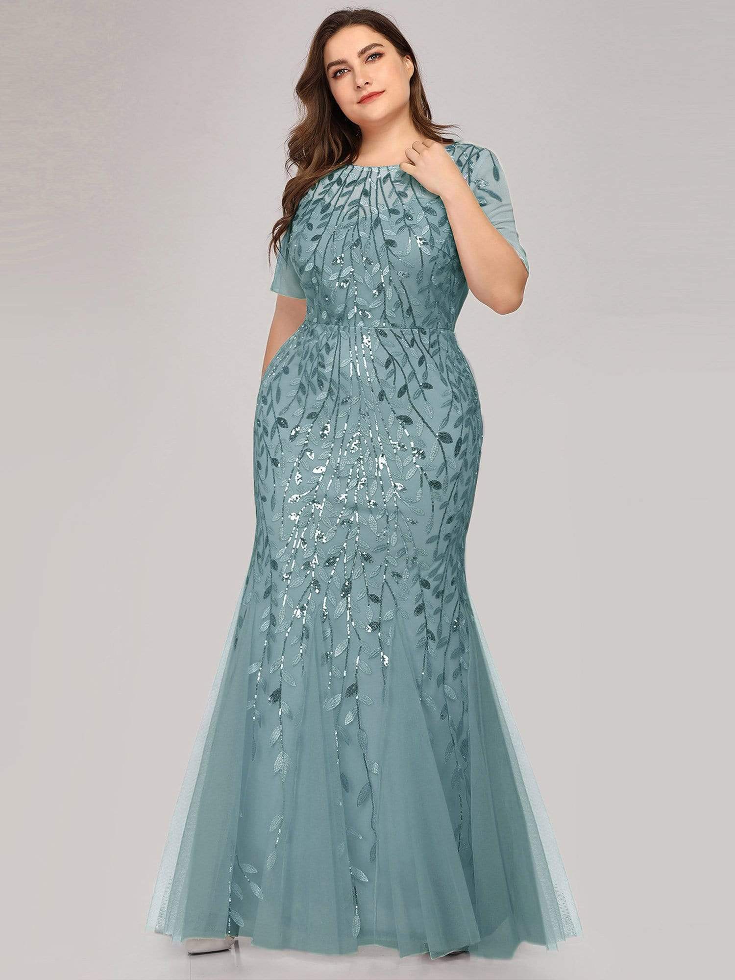 COLOR=Dusty Blue | Floral Sequin Print Maxi Long Plus Size Mermaid Tulle Dresses-Dusty Blue 1