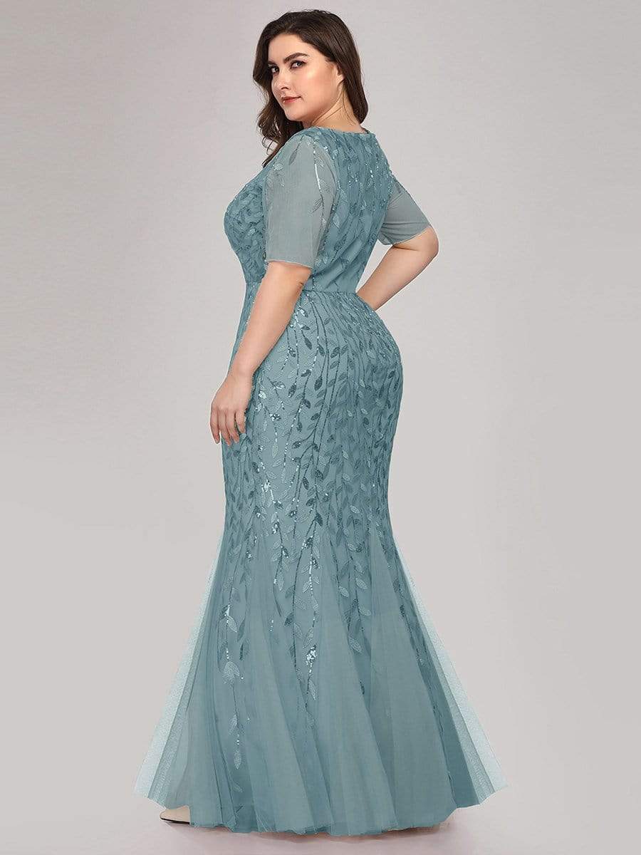 COLOR=Dusty Blue | Floral Sequin Print Maxi Long Fishtail Tulle Dresses With Half Sleeve-Dusty Blue 7