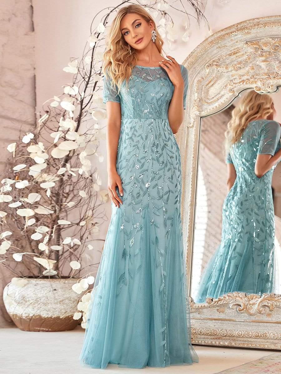 COLOR=Dusty Blue | Floral Sequin Print Maxi Long Fishtail Tulle Dresses With Half Sleeve-Dusty Blue 1