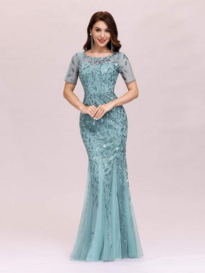 COLOR=Dusty Blue | Floral Sequin Print Maxi Long Fishtail Tulle Dresses With Half Sleeve-Dusty Blue 3