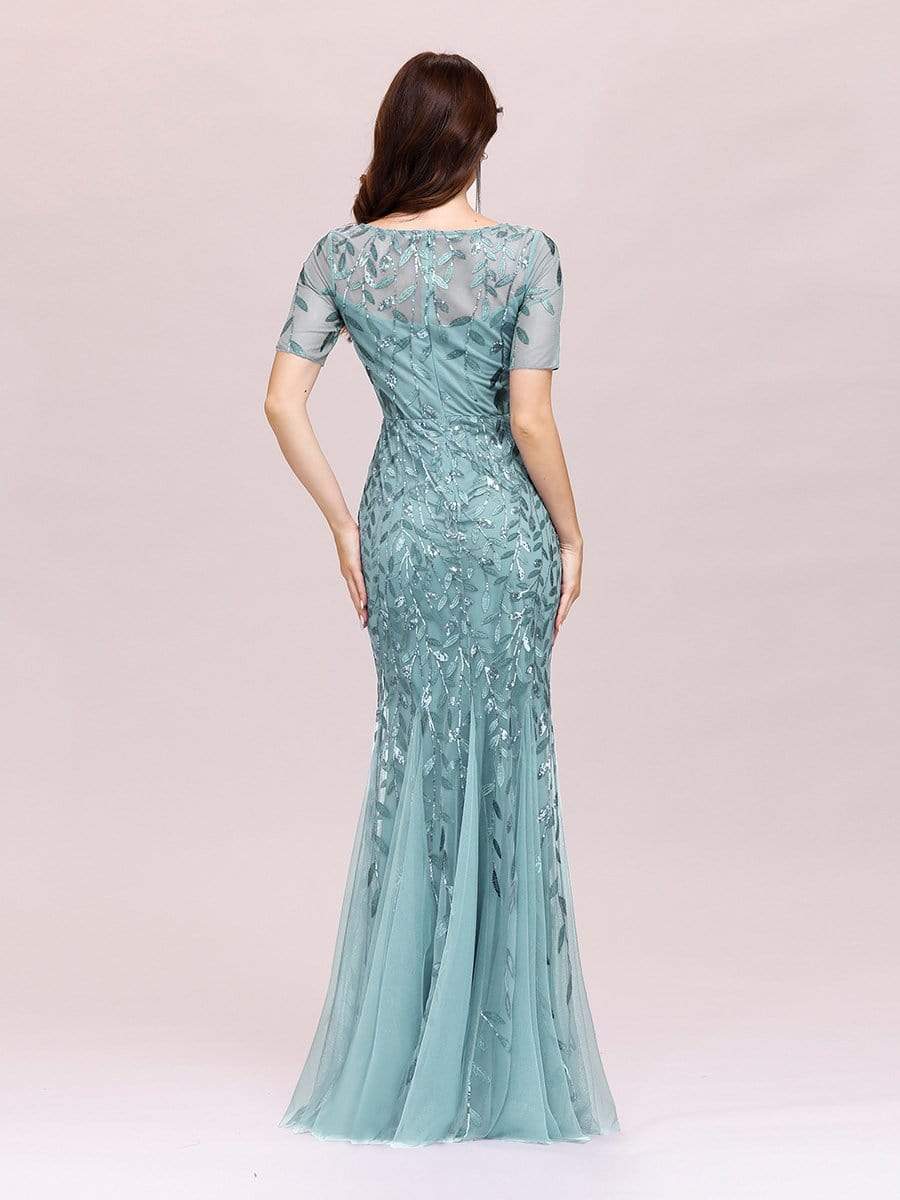 COLOR=Dusty Blue | Floral Sequin Print Maxi Long Fishtail Tulle Dresses With Half Sleeve-Dusty Blue 4