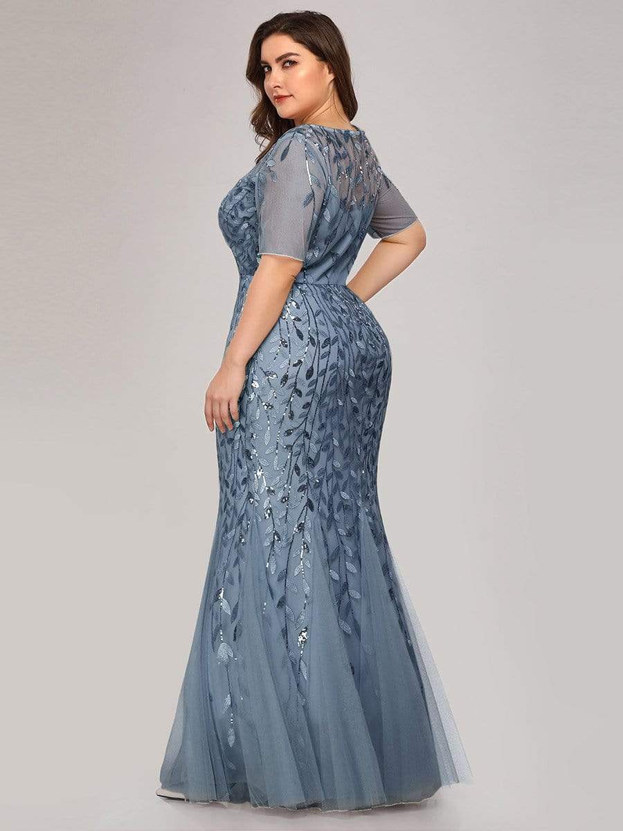 COLOR=Dusty Navy | Floral Sequin Print Maxi Long Fishtail Tulle Dresses With Half Sleeve-Dusty Navy 7