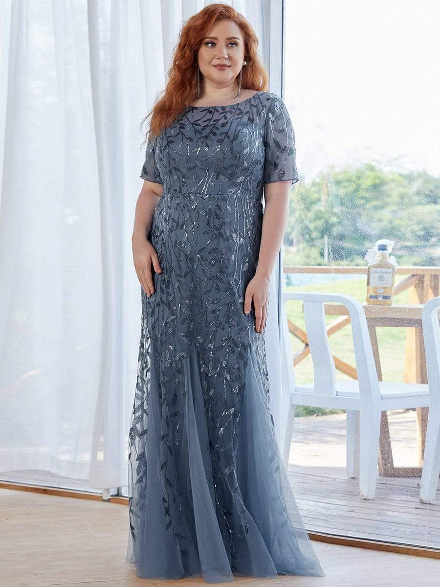 COLOR=Dusty Navy | Floral Sequin Print Maxi Long Plus Size Mermaid Tulle Dresses-Dusty Navy 1