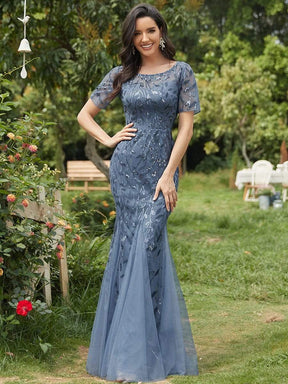 COLOR=Dusty Navy | Floral Sequin Print Maxi Long Fishtail Tulle Dresses With Half Sleeve-Dusty Navy 1