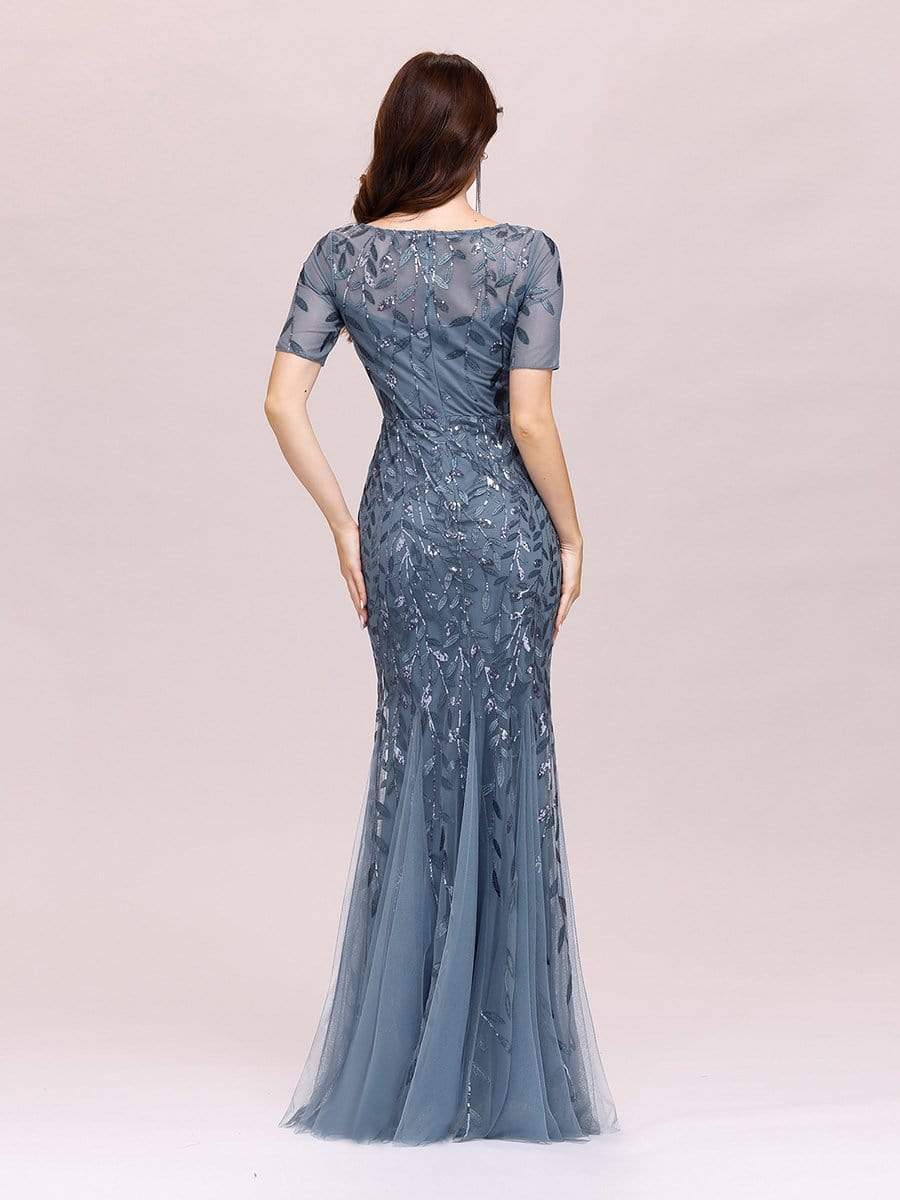 COLOR=Dusty Navy | Floral Sequin Print Maxi Long Fishtail Tulle Dresses With Half Sleeve-Dusty Navy 4